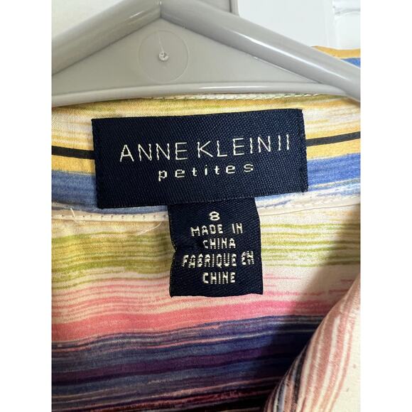 Ann Klein Women's 8 100% Silk Retro Print Multi Stripe Button Up Blouse Top - Picture 3 of 11